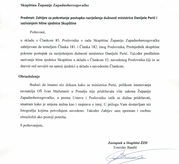 tomislav bandić (hrs) uputio zahtjev za smjenu ministrice daniele perić